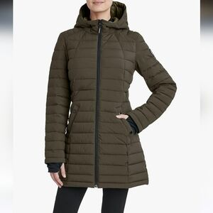 NWT HFX womens 3/4 Stretch Hooded Puffer Jacket, Water Resistant Size Large